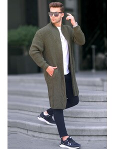 Madmext Khaki Stand-Up Collar Long Knitwear Cardigan With Pocket 6816