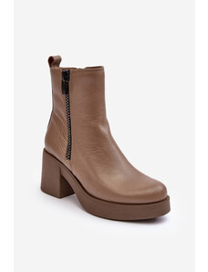 Kesi Lemar Littosa Lemar Littosa Dark Beige Leather Ankle Boots with Massive Heels with Zippers