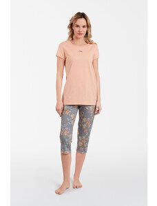 Italian Fashion Kasali women's pyjamas, short sleeves, 3/4 leg - salmon pink/print