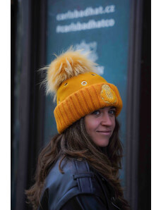 Fiebig - Headwear since 1903 Dámska žltá zimná vlnená čiapka s brmbolcom so šálom - Refisan (set čiapky a šál)