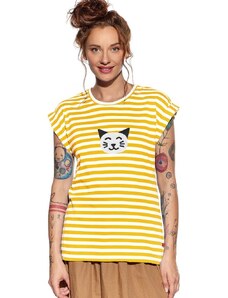 Piskacie Dámske tričko s mačkou, farba pásik medový, veľkosť xxs