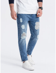 Ombre Clothing Pánske džínsové nohavice zúženého strihu s otvormi - modré V3 P1028