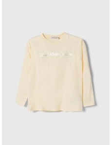 Detská bavlnená košeľa s dlhým rukávom Calvin Klein Jeans béžová farba, s potlačou