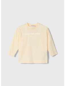 Detská bavlnená košeľa s dlhým rukávom Calvin Klein Jeans béžová farba, s potlačou