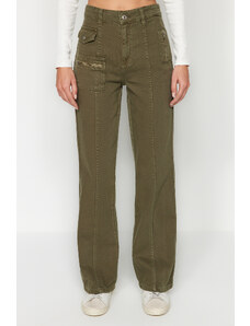 Trendyol Khaki vrecko detailný zips vysoký pás široké nohavice džínsy