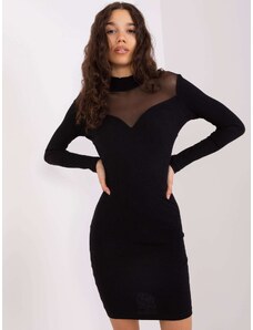 Basic Čierne bavlnené elegantné priliehavé šaty so sieťovaným výstrihom a chrbtom