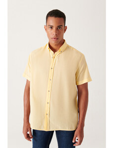 Avva Pánsky žltý golier na gombíky, 100 % bavlna, tenká košeľa s krátkym rukávom regulárneho strihu