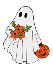 MSPERK Halloween brošňa duch v bielom plášti s kyticou a tekvicou