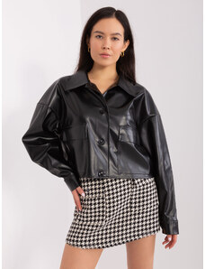 Fashionhunters Black short jacket made of eco-leather with a collar
