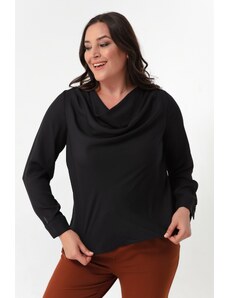 Lafaba Women's Black Pleated Collar Long Sleeve Plus Size Blouse