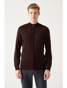 Avva Men's Burgundy Wool Blended Half Zipper High Neck Regular Fit Cardigan