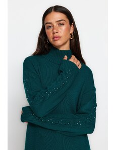 Trendyol Modest Tmavozelený sveter z perleťového úpletu