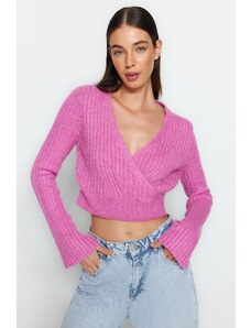 Trendyol Pink Crop mäkký textúrovaný dvojradový pletený sveter