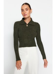 Trendyol Collection Khaki Crop Soft Textured Polo golier pletený sveter