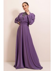 By Saygı Autor: Saygı Vpredu podšité korálkové saténové dlhé šaty s detailnými rukávmi na gombíky