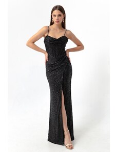 Lafaba Women's Black Underwire Corset Detailed Sequined Long Slit Evening Dress.