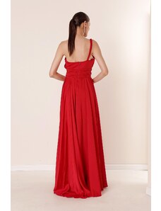By Saygı Autor: Saygı Pletenie s jedným ramienkom v páse plisované podšité dlhé šaty s rozparkom červená