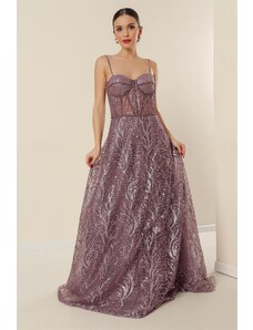 By Saygı Autor: Saygı Flitre a trblietavé poddrôtené dlhé šaty s korálkovými detailmi, podšívaná fialová