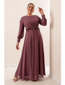 By Saygı Waist Floral Detailed Lined Long Chiffon Dress Large Size Dark Indigo