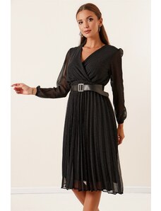 By Saygı Autor: Saygı Dvojradový krk s pásovou podšívkou Škvrnité záhybné šifónové šaty čierne