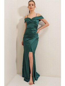 By Saygı Sukňa s lodičkovým výstrihom, skladané saténové dlhé šaty smaragdové