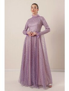 By Saygı Od Saygı podšité korálkové tylové dlhé šaty s golierom na vlas a rukávmi s opaskom v páse fialová.