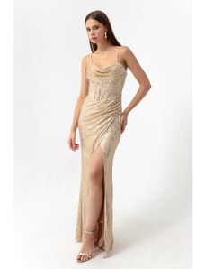 Dámsky zlatý poddrôtový korzet Lafaba Detailné flitrované večerné šaty s dlhým rozparkom.