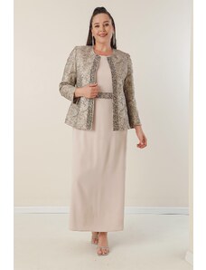 By Saygı Autor: Saygı Krepové šaty s dlhým rukávom s korálkovými korálkami v páse a žakárom podšitou bundou plus 2-dielny oblek