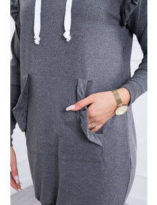 K-Fashion Šaty s ozdobnými volánikmi a kapucňou v grafitovej farbe