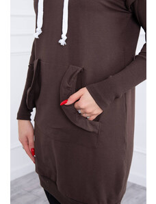 K-Fashion Šaty s ozdobnými volánikmi a kapucňou v hnedej farbe