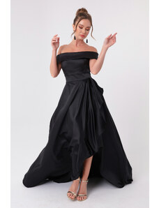 Lafaba Dámske čierne saténové večerné šaty s lodičkovým výstrihom a maturitné šaty