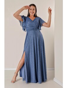 By Saygı Autor: Saygı dvojradový výstrih vpredu zahalená podšívka plus veľkosť dlhé strieborné šaty s volánovým rozparkom na rukávoch