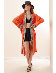 Bigdart 5865 Pletené dlhé kimono s výšivkou - oranžová
