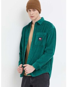 Manšestrová košeľa Tommy Jeans zelená farba, voľný strih, s klasickým golierom, DM0DM18324