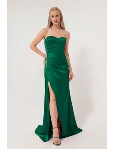 Lafaba dámske smaragdovo zelené dlhé saténové večerné šaty bez ramienok.