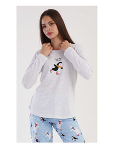 Vienetta Secret Dámske pyžamo dlhé Tučniak na ľade, farba světle šedá, 70% bavlna 30% polyester