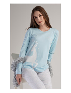 Vienetta Secret Dámske pyžamo dlhé Jeleň, farba světle modrá, 70% bavlna 30% polyester