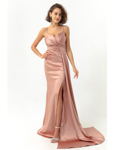 Lafaba Women's Powder Long Satin Evening Dress with Straps & Prom Dress