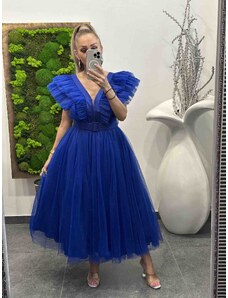 PrestigeShop Midi elegantné spoločenské šaty s týlovou áčkovou sukničkou - kráľovsky modré