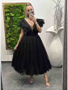 PrestigeShop Midi elegantné spoločenské šaty s týlovou áčkovou sukničkou - čierne