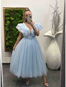 PrestigeShop Midi elegantné spoločenské šaty s týlovou áčkovou sukničkou - svetlo modré