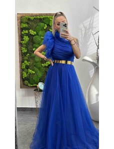 PrestigeShop Dlhé elegantné spoločenské šaty s tylom a zlatým opaskom - kráľovsky modré