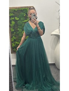 PrestigeShop Dlhé elegantné spoločenské šaty s trblietkami, tylom a opaskom - petrolejovo modré