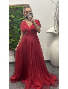 PrestigeShop Dlhé elegantné spoločenské šaty s trblietkami, tylom a opaskom - červené