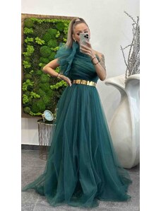 PrestigeShop Dlhé elegantné spoločenské šaty s tylom a zlatým opaskom - petrolejovo modré