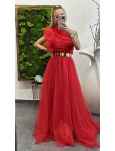 PrestigeShop Dlhé elegantné spoločenské šaty s tylom a zlatým opaskom - červené