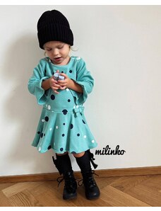 Miniworld Dievčenské šaty s dlhým rukávom- Bodkované, tyrkysové