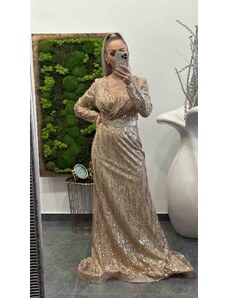 PrestigeShop Dlhé luxusné šaty s flitrami, prekladaným výstrihom a opaskom- zlaté