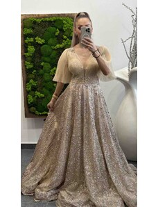 PrestigeShop Dlhé luxusné šaty s trblietkami, kamienkami a áčkovou sukničkou - zlaté