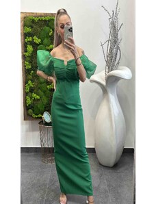 PrestigeShop Dlhé spoločenské šaty priliehavého strihu s pufkovaným rukávom - zelené